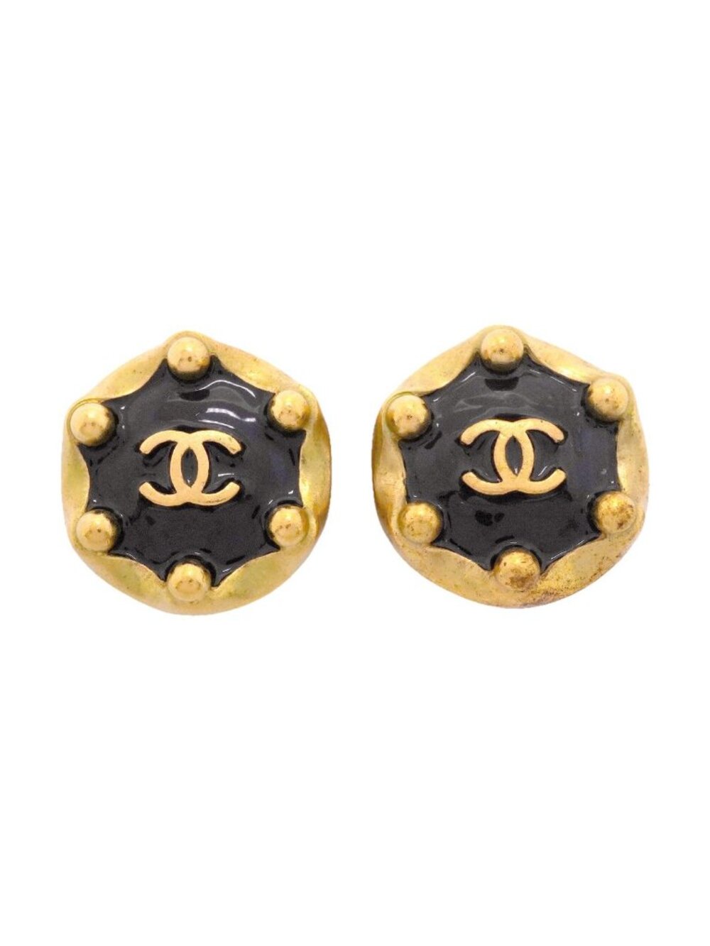 Chanel Earrings Vintage CC Logo Round Circle Gold Plated Black
